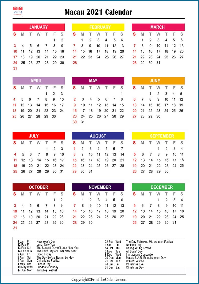 Macau Printable Calendar 2021
